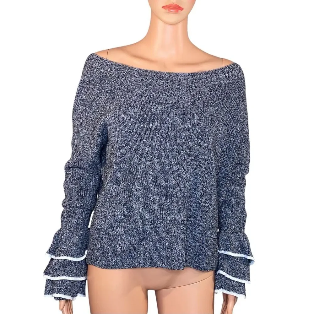 Express Ruffled Sweater Off-Shoulder SZ M Gray White Wide Neck Romantic Date